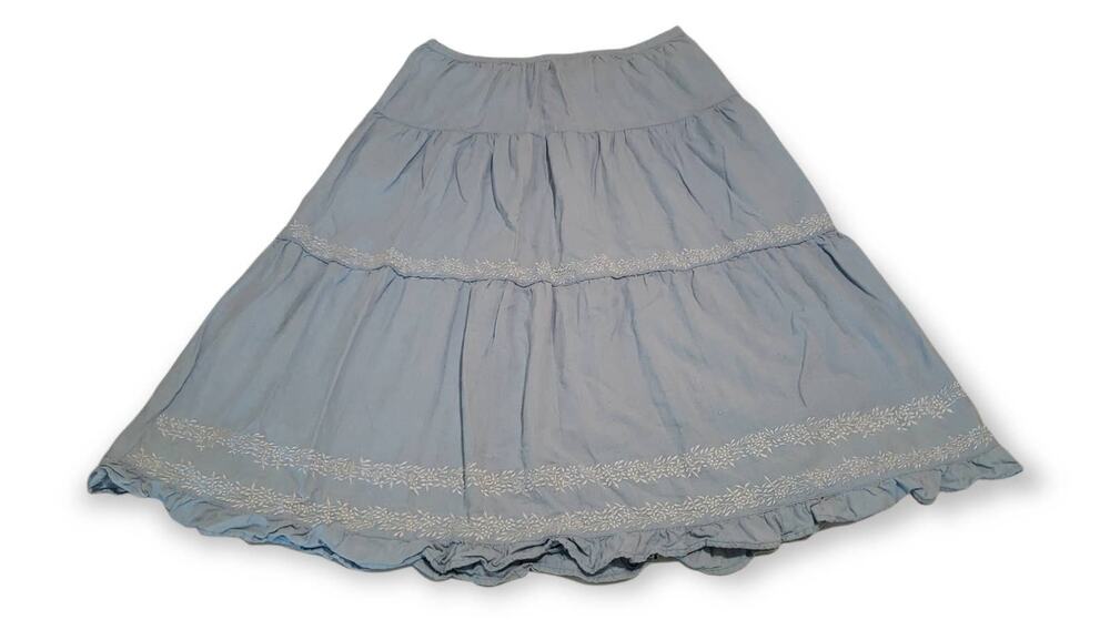 Vintage Bill Blass Jeans Light Blue Denim Embordered Floral Trim Flare Skirt